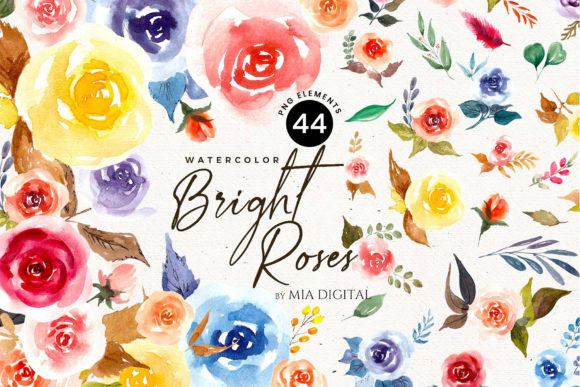 44 Bright Roses Watercolor Elements Bundle