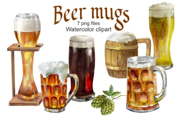 Beer Mugs and Glass Watercolor Clipart Illustrations
