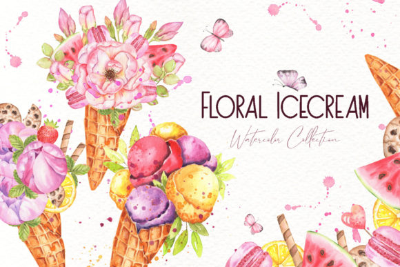 Floral Icecream Watercolor Set Illustrations
