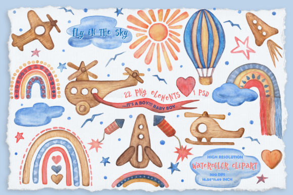 Fly in the Sky Watercolor Kids Clipart