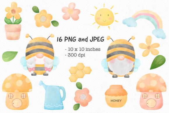 Gnome Bee Watercolor Illustrations