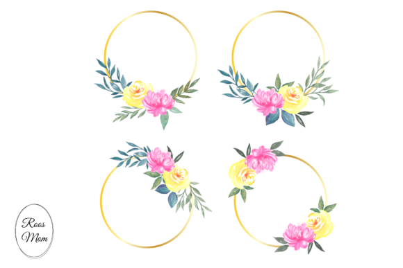 Gold Circle Frames Watercolor Flowers Illustrations