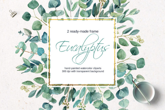 Gold Frame with Watercolor Eucalyptus Illustrations