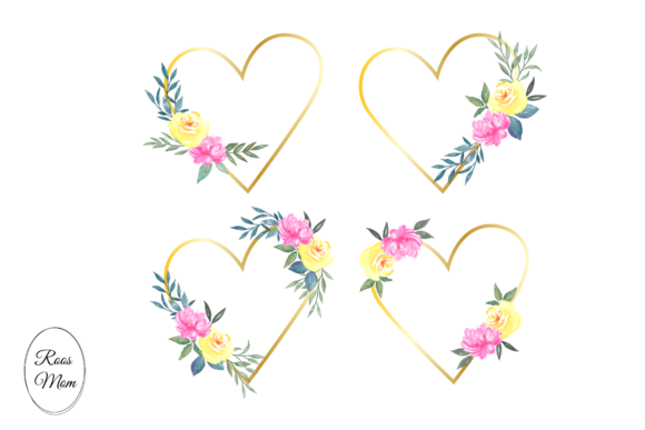 Gold Hearts Frames Watercolor Flowers Illustrations