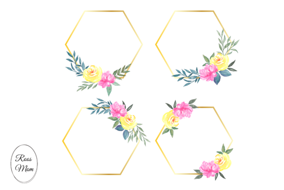 Gold Hexagon Frames Watercolor Flowers Illustrations