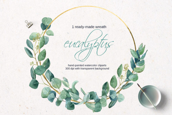 Gold Wreath with Watercolor Eucalyptus and Illustrations