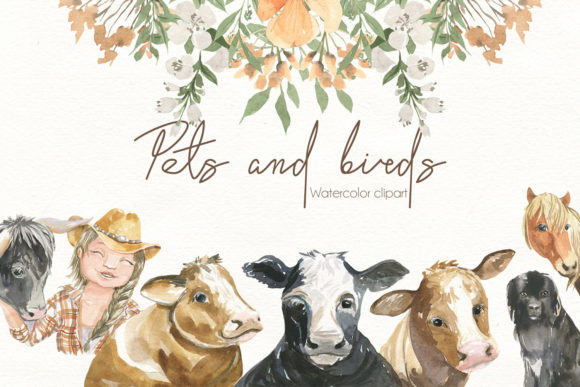 Pets and Birds. Watercolor Clipart