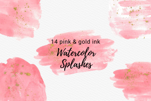 Pink Watercolor Splash with Gold Ink Illustrations