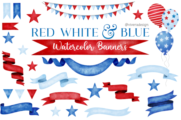 Red White Blue Watercolor Banners Ribbon Illustrations