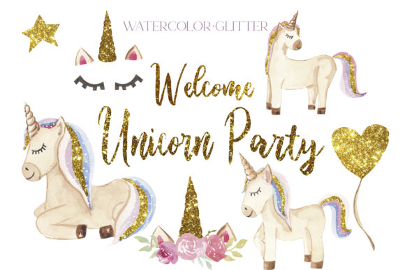 Unicorn Clipart, Gold Glitter Watercolor Illustrations
