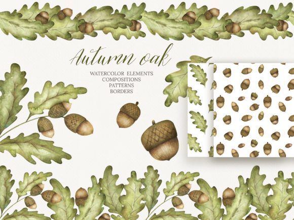 Watercolor Acorns and Oak Clipart