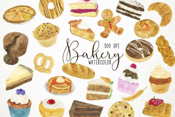 Watercolor Bakery Clipart and Illustrations