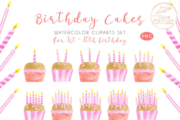 Watercolor Birthday Cakes with Candles Illustrations