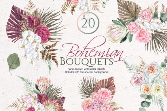 Watercolor Boho Bouquet Illustrations