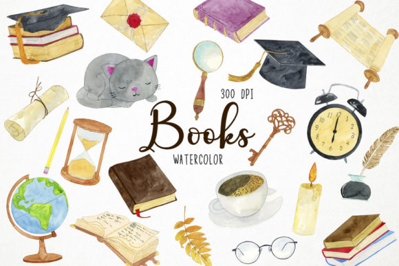 Watercolor Books Clipart, Illustrations