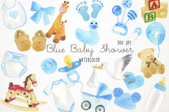 Watercolor Boy Baby Shower Clipart, Illustrations