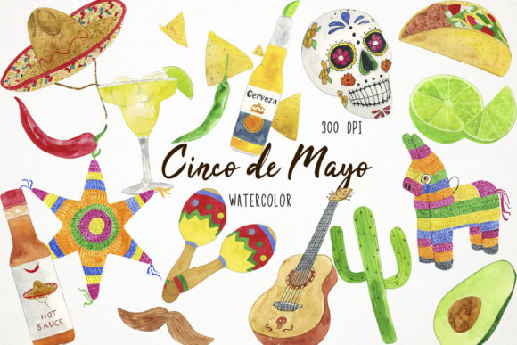 Watercolor Cinco De Mayo Clipart, Fiesta Illustrations