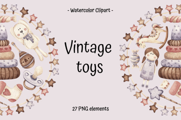 Watercolor Clipart Vintage Toys and Illustrations