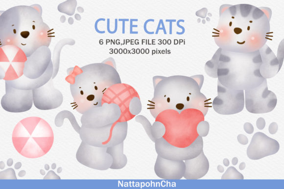 Watercolor Cute Cats Clip Art and Illustrations