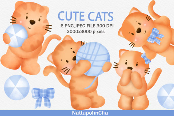 Watercolor Cute Orange Cats Illustrations