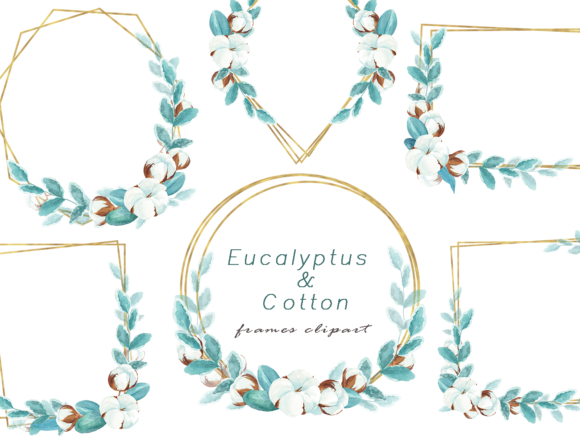 Watercolor Eucalyptus Cotton Frames Illustrations