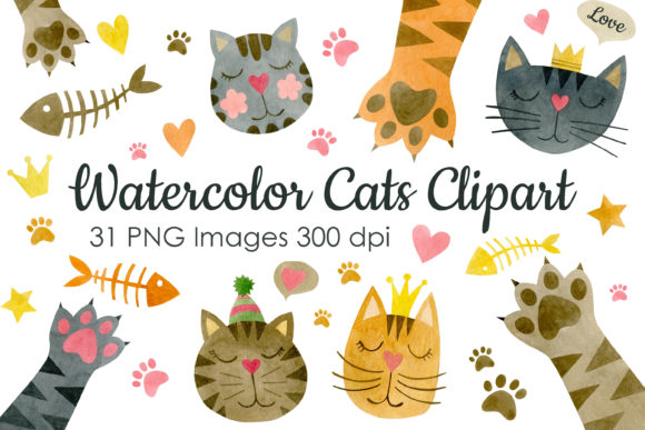 Watercolor Faces Cats Clipart and Illustrations