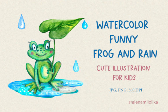 Watercolor Funny Frog, Rain. Baby Shower Illustrations