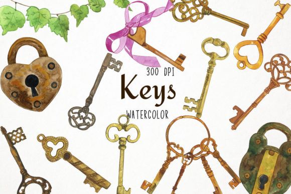 Watercolor Keys Clipart and Illustrations