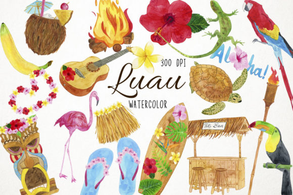 Watercolor Luau Clipart Hawaiian Clipart Illustrations
