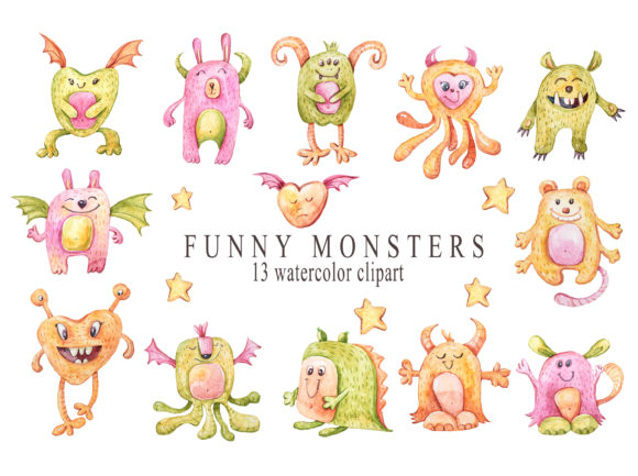 Watercolor Nursery Cute Monsters Clipart