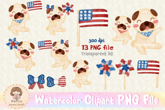 Watercolor Patriotic Dog Pug USA Flag Illustrations