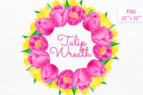 Watercolor Pink Yellow Tulip Wreath Illustrations