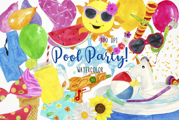Watercolor Pool Party Clipart, Summer Illustrations