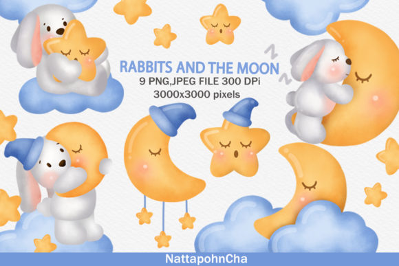 Watercolor Rabbits and the Moon Clipart Illustrations
