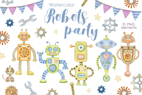 Watercolor Robots Clipart and Illustrations