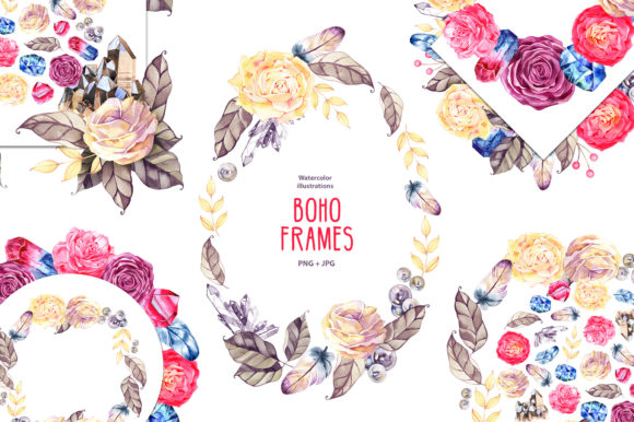 Watercolor Roses and Gems Frames Illustrations