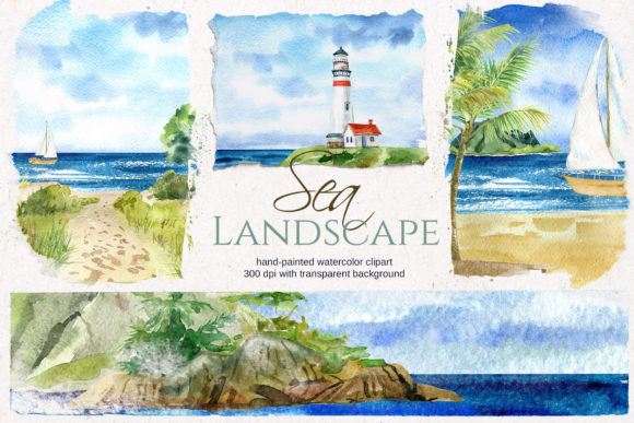 Watercolor Seascape Clipart and Illustrations