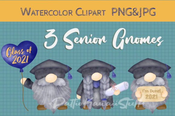Watercolor Senior Gnomes Graduation 2021 Illustrations