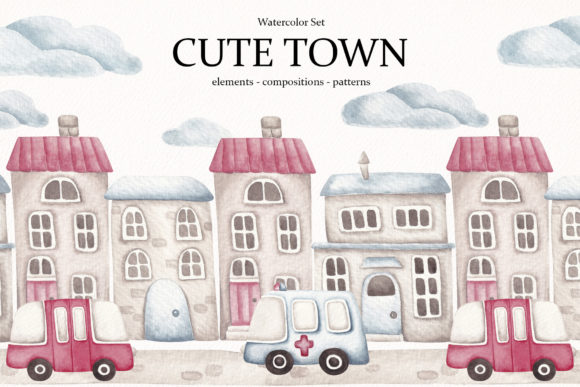 Watercolor Set Cute Town