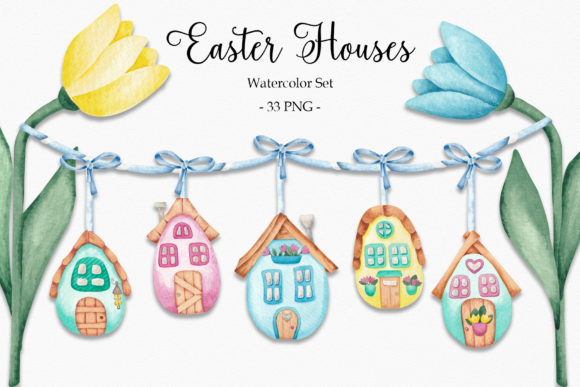 Watercolor Set Easter Houses