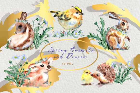Watercolor Spring Animals and Daisies Illustrations