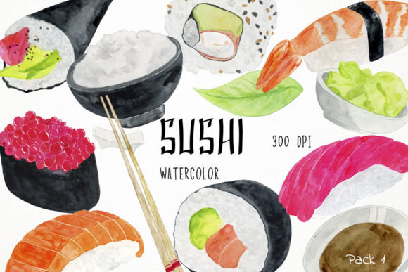 Watercolor Sushi Clipart and Illustrations