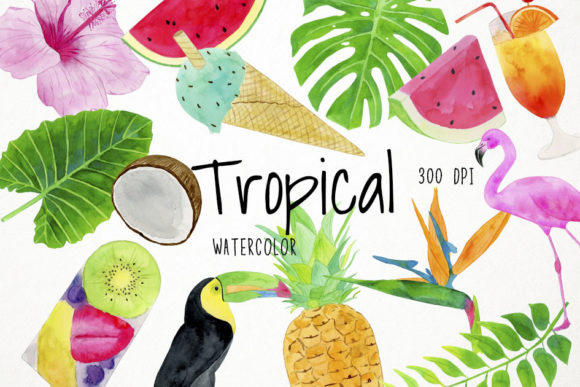 Watercolor Tropical Clipart, Summer Illustrations