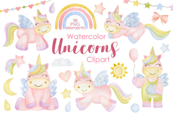Watercolor Unicorns Clipart and Illustrations