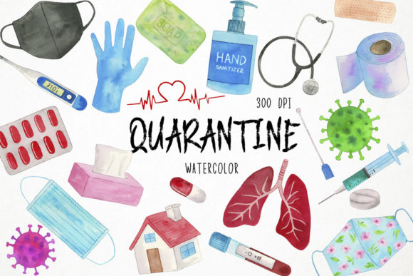 Watercolor Virus Clipart, Quarantine Illustrations