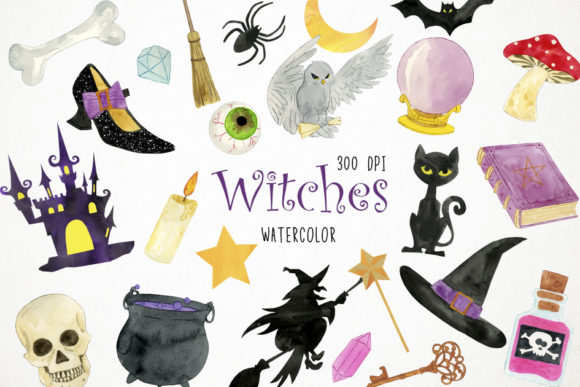 Watercolor Witch Clipart and Illustrations