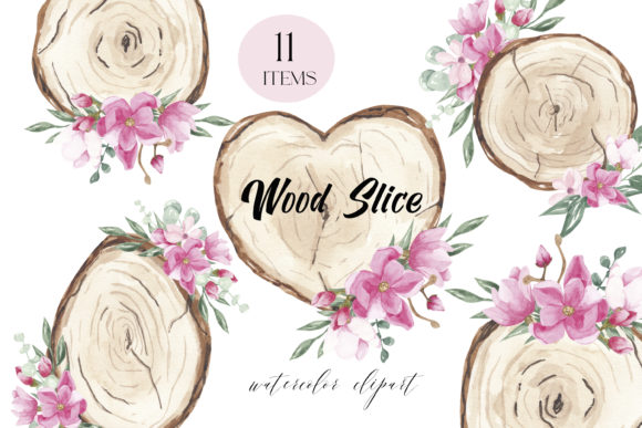 Wood Slice Clipart, Watercolor Wooden Illustrations